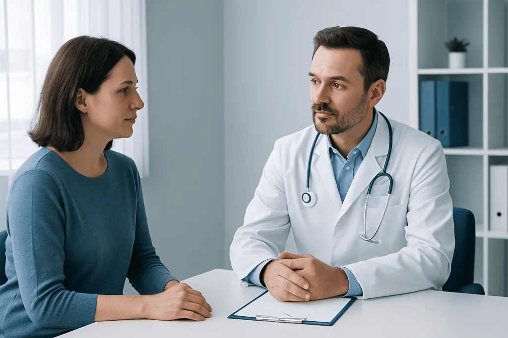 Doctor consulting with a female patient in a modern clinic setting.