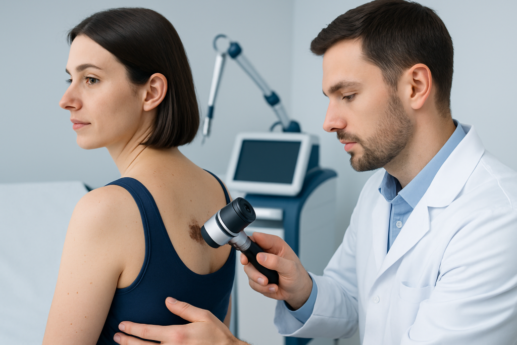 Dermatologist examining a patient's skin for signs of skin cancer.