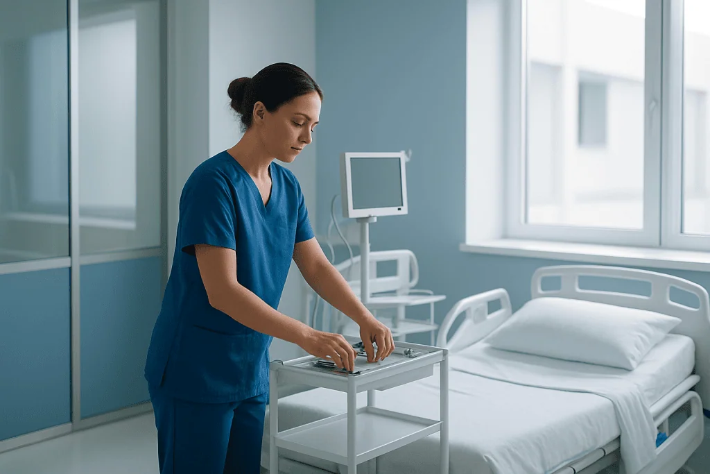 Skin Cancer Treatment in Turkey: Types, Causes, and Risk Factors 1 Nurse preparing medical equipment in a hospital room with a bed and monitor.