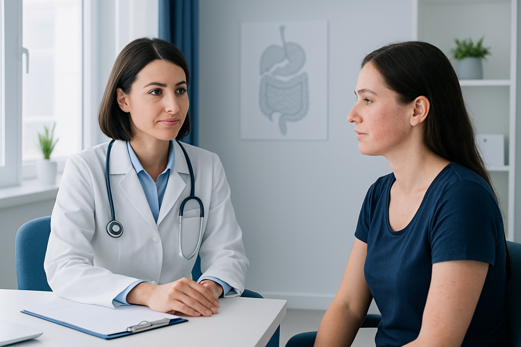 Doctor consulting patient about gut health and skin connection in a clinic.