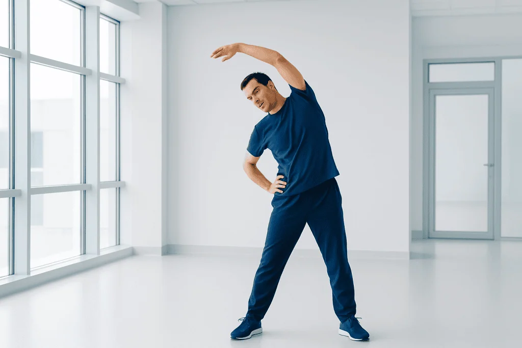 Sleep Apnea: What Is Sleep Apnea? 1 Male healthcare professional stretching in a bright, modern clinic.