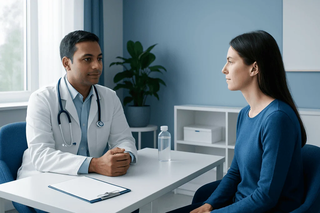 Doctor consulting with a female patient in a medical office.