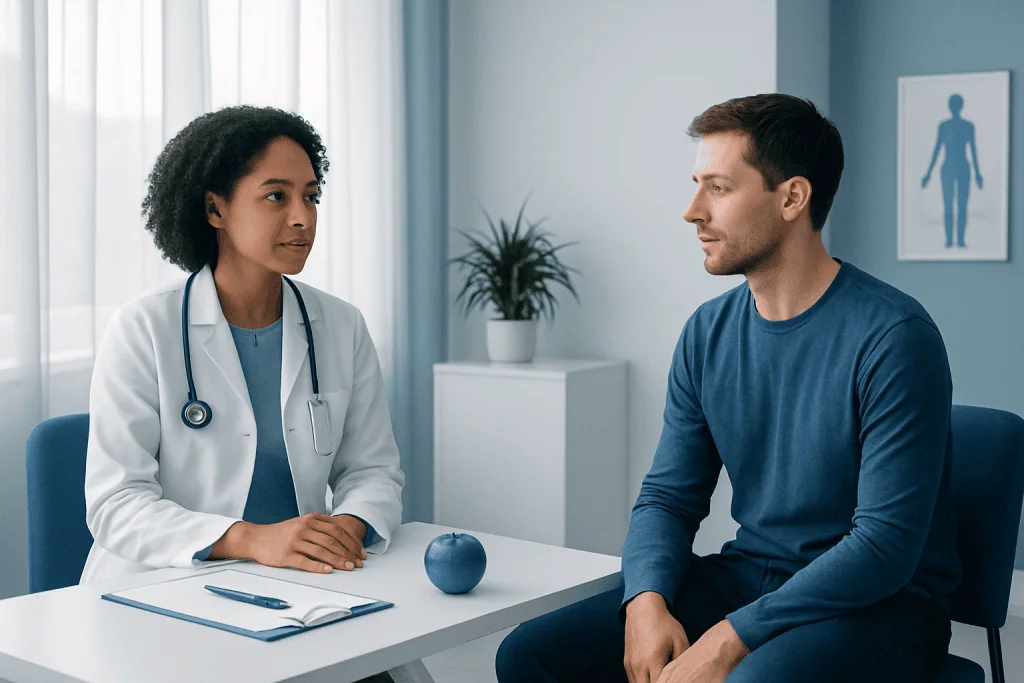 Doctor consulting with a male patient in a medical office.