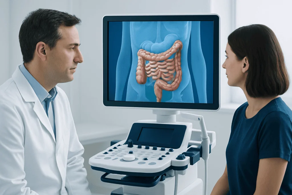 Doctor explaining intestinal scan to patient in medical consultation room.