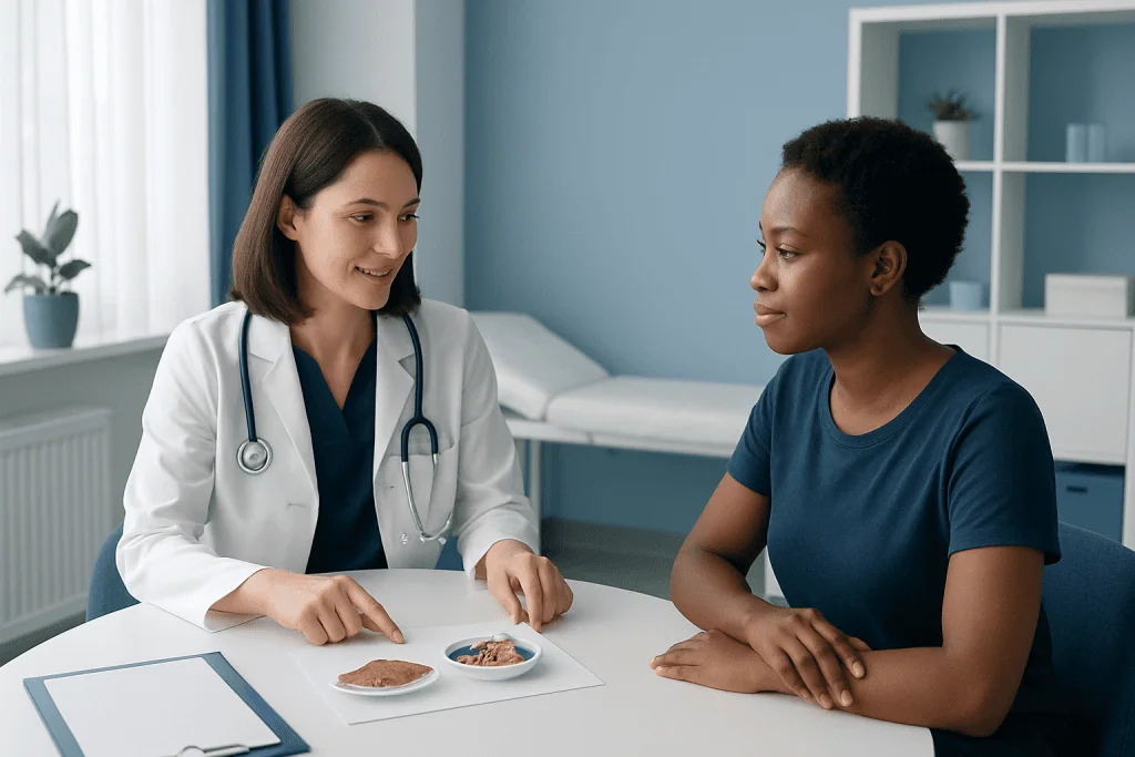 Doctor consulting with a patient in a medical office setting.