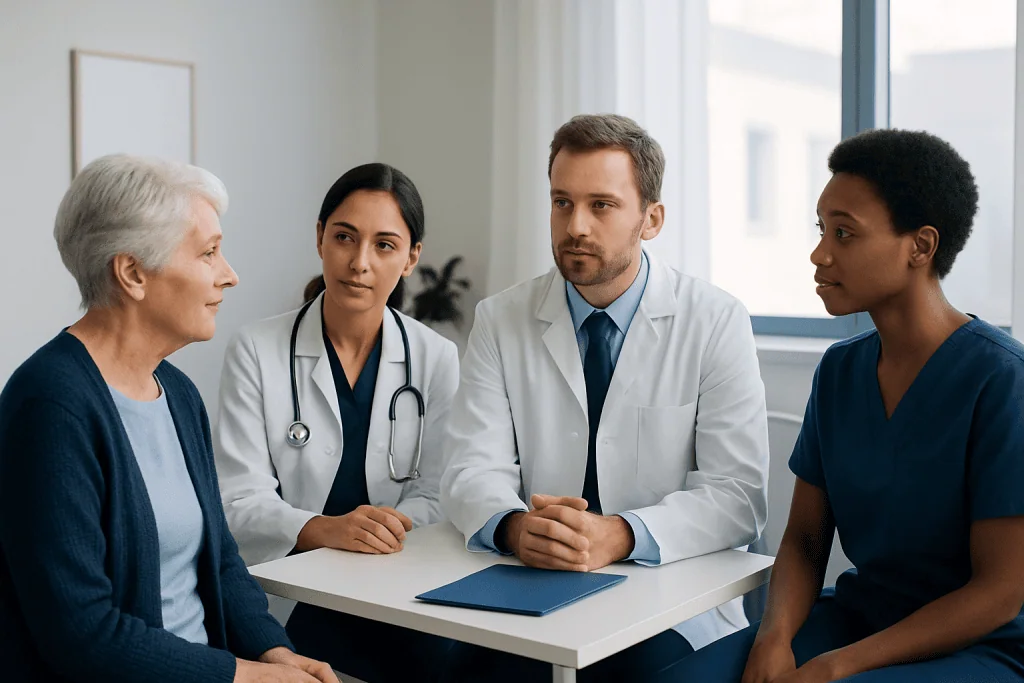 Medical team discussing cancer care with elderly patient in consultation room.
