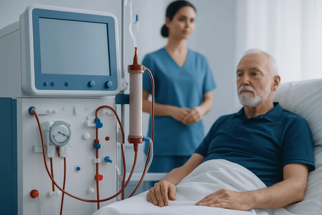 Elderly patient receiving dialysis treatment in hospital.