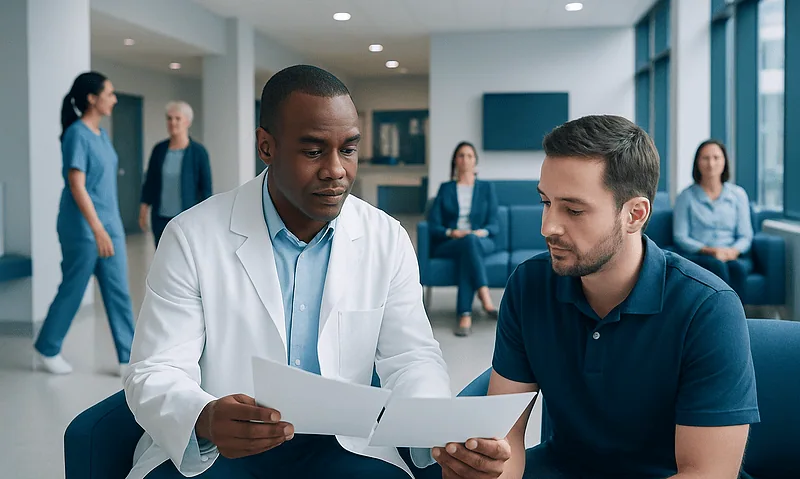 Doctor discussing treatment options with patient in hospital waiting area.