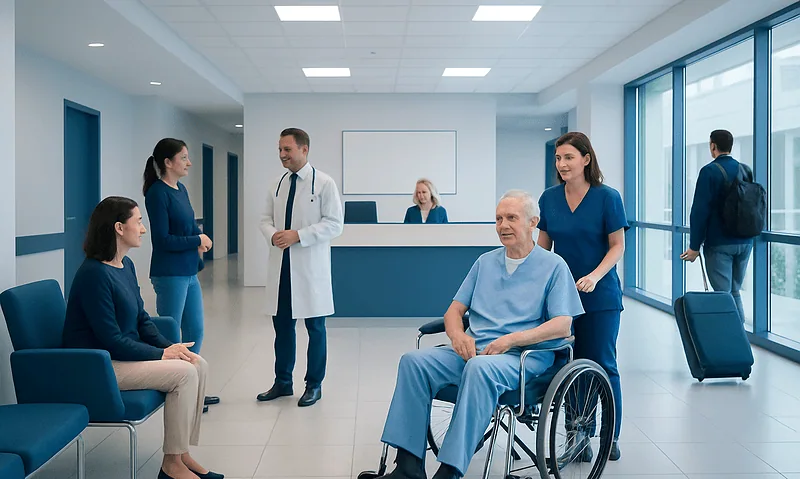 Hospital corridor with patients and staff preparing for discharge.