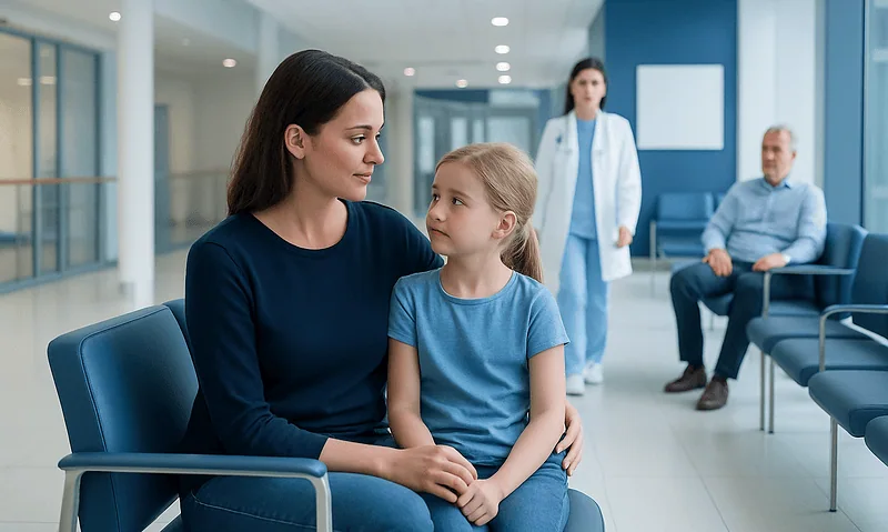 Mother and daughter waiting in hospital corridor for treatment.