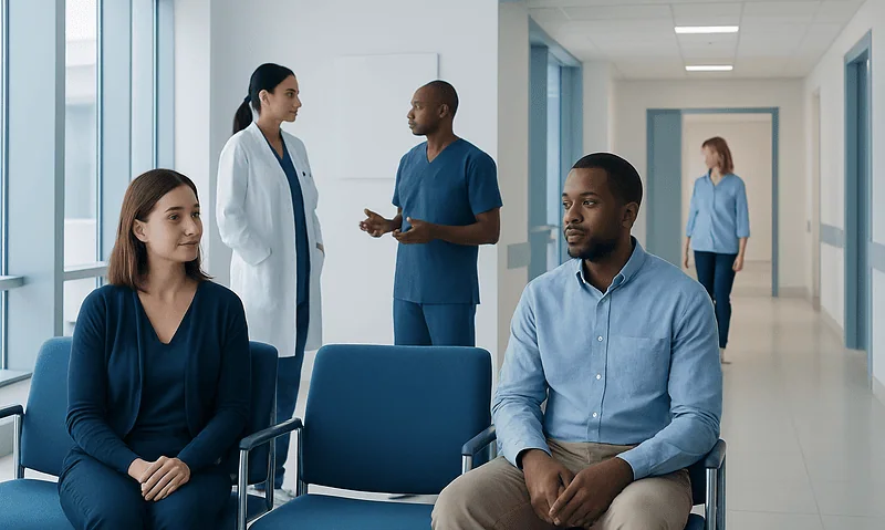 Patients and medical staff in a hospital corridor.