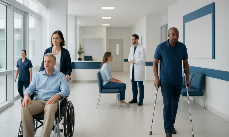 Hospital corridor with diverse patients and staff, including a wheelchair user and a man with crutch.