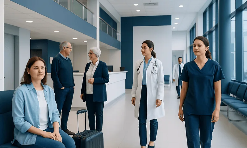 Hospital staff and patients in a modern medical facility corridor.