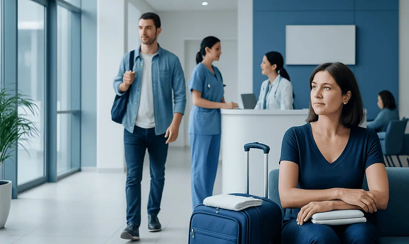 Patient waiting with luggage at hospital reception in Turkey.