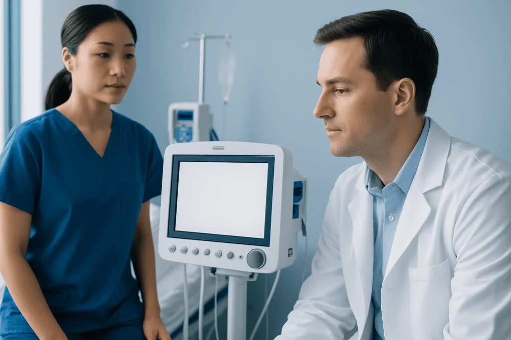 Doctor and nurse in a hospital room with medical equipment and monitor.