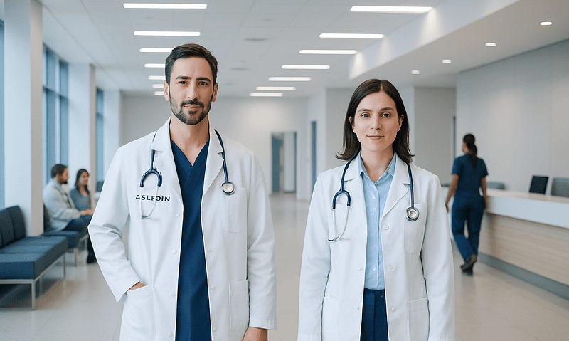 Doctors in hospital corridor at Acibadem Hospitals Group.