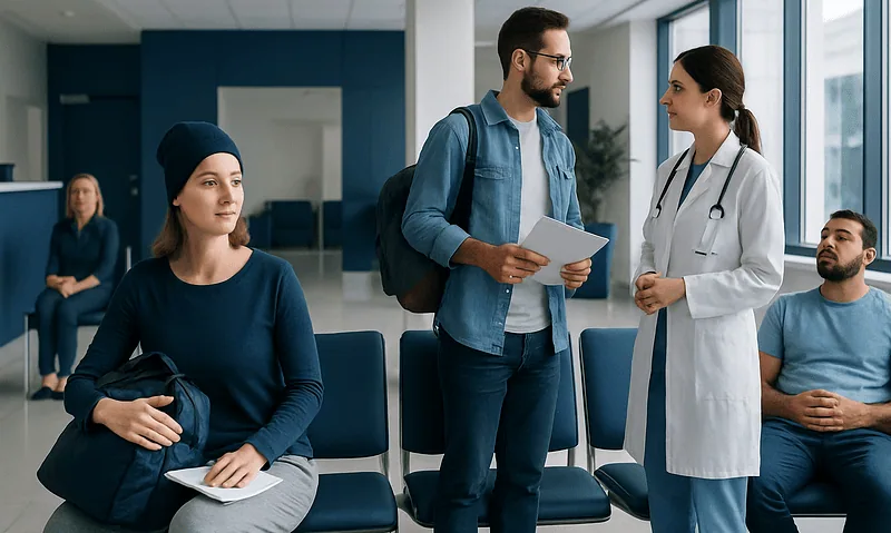Patients waiting in a hospital corridor with a doctor and visitor.