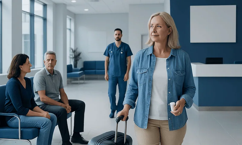 Woman with luggage at hospital reception with medical staff in background.