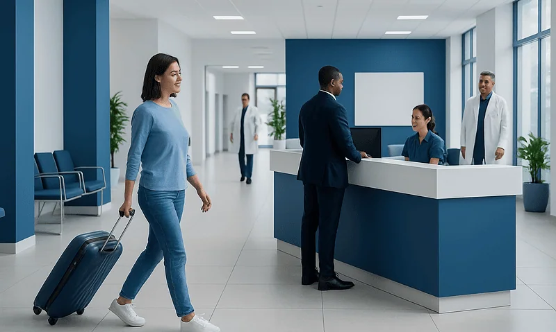 Patient checking in at Acibadem Hospital reception area.