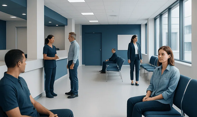 Patients waiting and staff interacting in a modern hospital lobby.