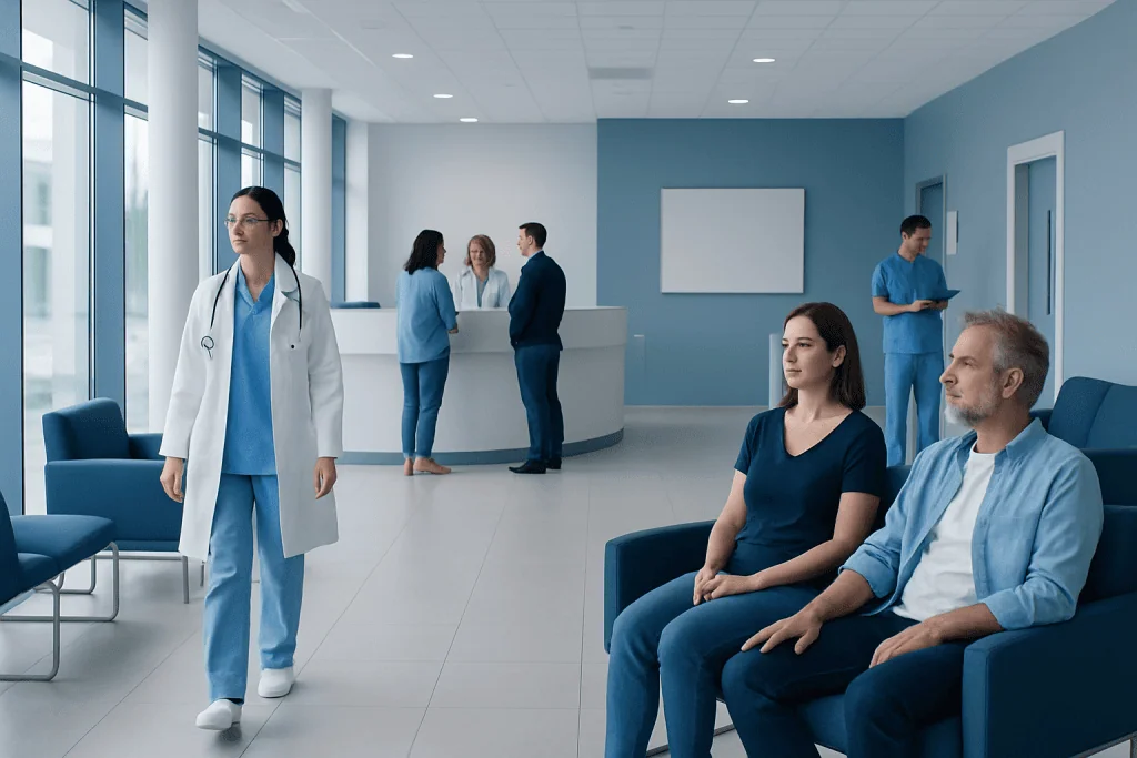 At Acibadem, What to Check Before Comparing Treatment in Turkey With Care at Home 1 Modern hospital waiting area with patients and medical staff at Acibadem Hospitals.
