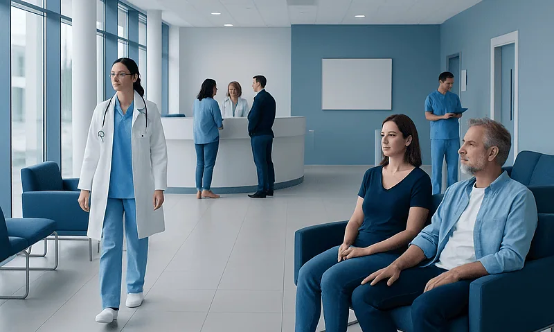 Modern hospital waiting area with patients and medical staff at Acibadem Hospitals.