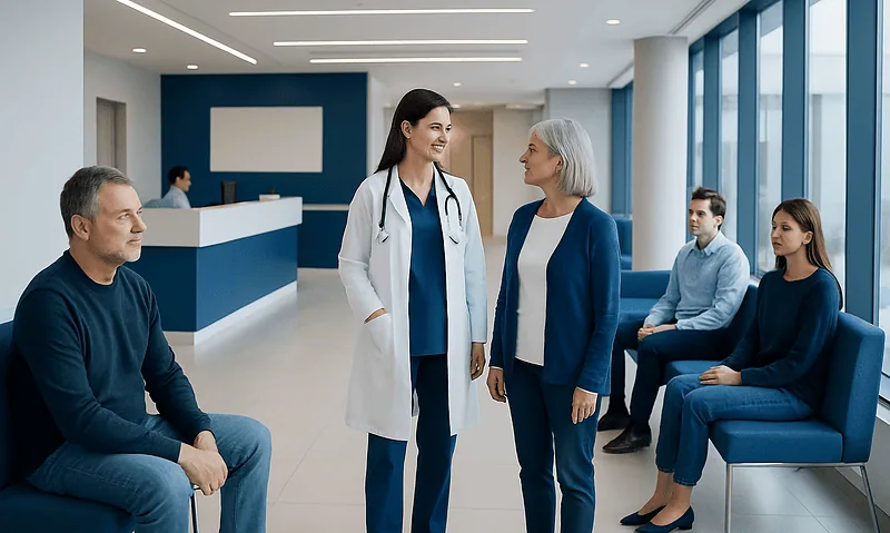 Healthcare professionals and patients in a modern hospital waiting area.