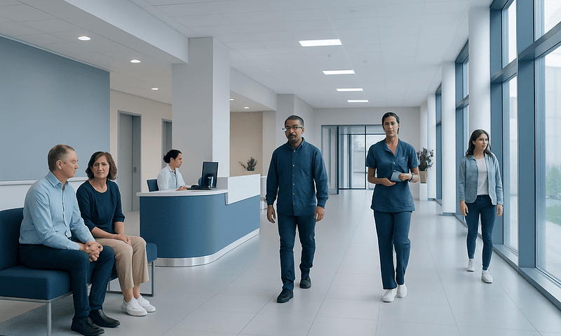 How to Compare Hospitals in Turkey for Complex Treatment 5 Modern hospital lobby with staff and patients in a bright, spacious setting.