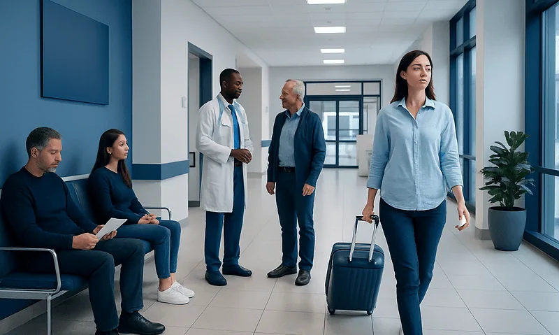 Patients and staff in a modern hospital corridor at Acibadem Hospitals Group.