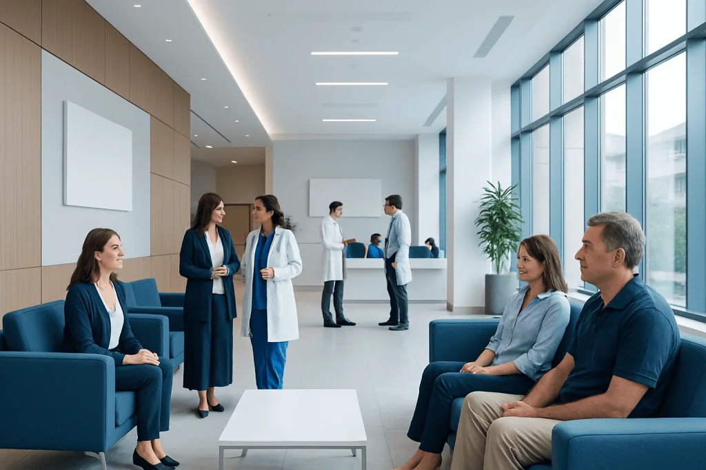 How to Compare Acibadem with Other Hospitals in Turkey 1 Modern hospital waiting area with patients and staff at Acibadem Hospitals Group.