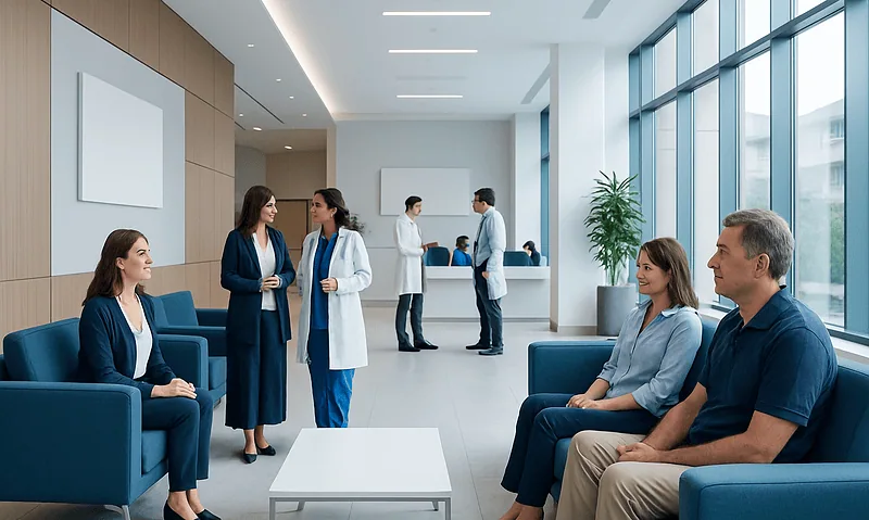 Modern hospital waiting area with patients and staff at Acibadem Hospitals Group.