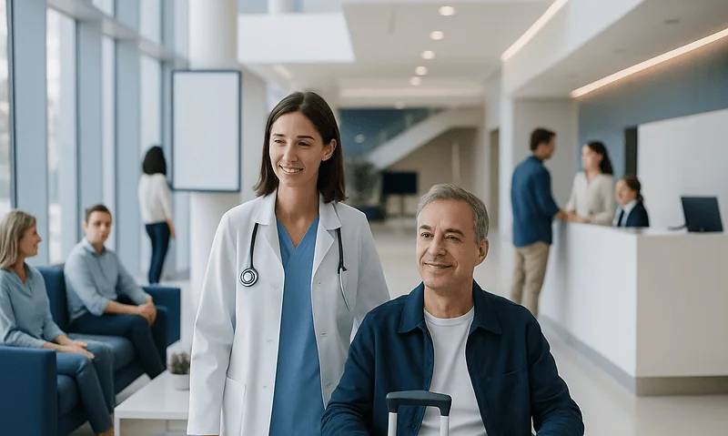 Happy patient with doctor at hospital reception area.