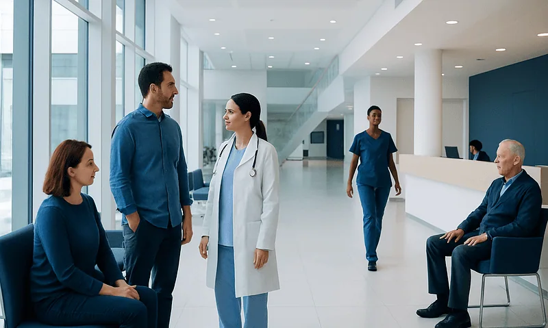 Hospital waiting area with patients and medical staff at Acibadem Hospitals Group.