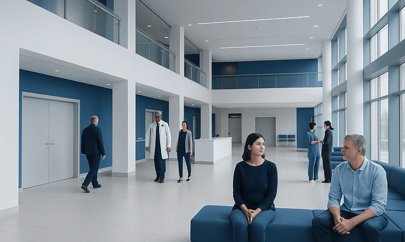 Modern hospital lobby with patients and staff in a bright, spacious environment.