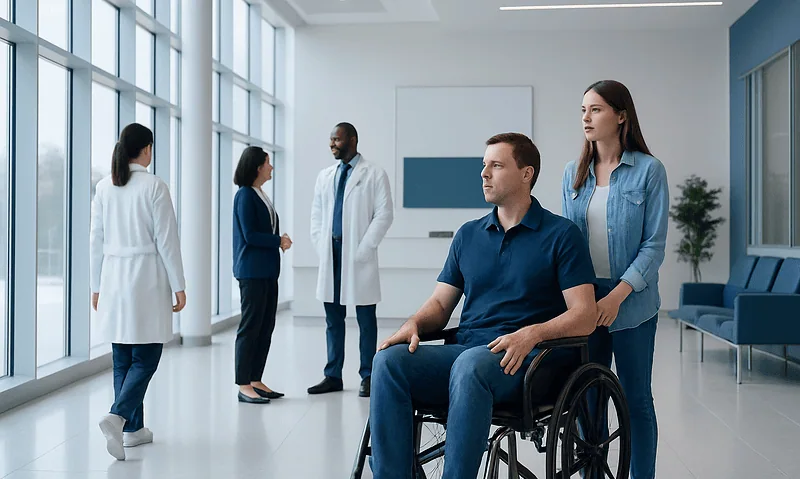 Accessible hospital consultation with diverse medical staff and a wheelchair user.