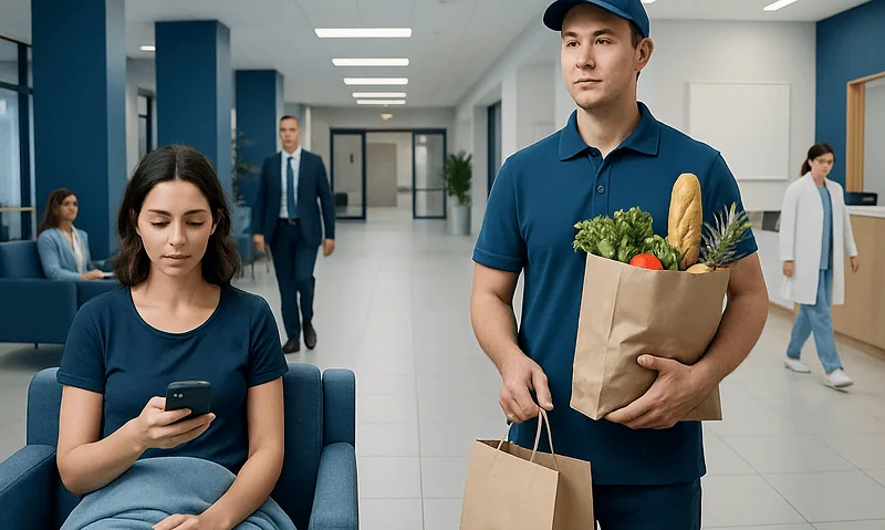 Hospital staff delivering groceries to a patient in a hospital corridor.