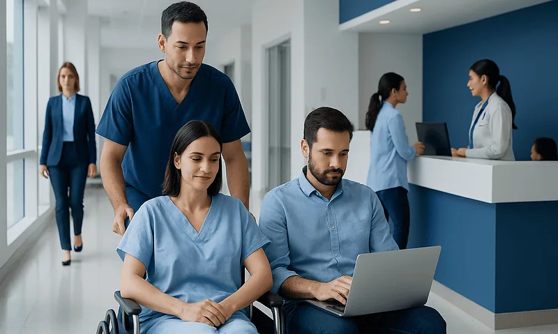 Hospital staff assisting a patient in a modern healthcare facility.