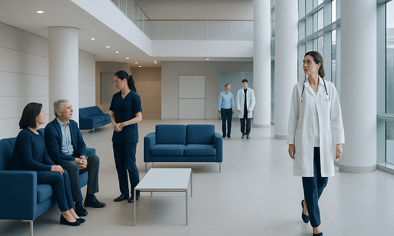 Modern hospital waiting area with medical staff and patients at Acibadem Hospitals Group.