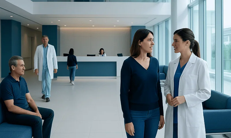 Hospital reception area with medical staff and patients in a modern facility.