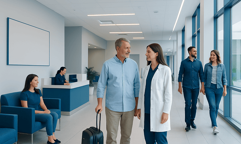 Patients and medical staff in a modern hospital lobby in Turkey.