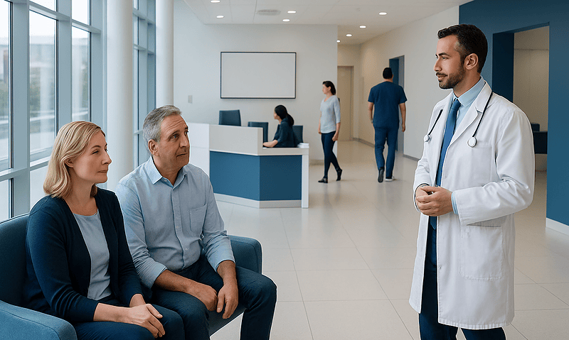 Doctor consulting with patients in a modern hospital lobby.