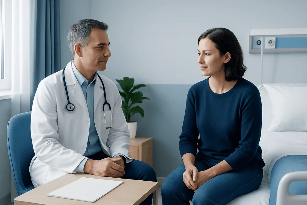 Doctor consulting a patient in a hospital room with a bed and plant in the background.