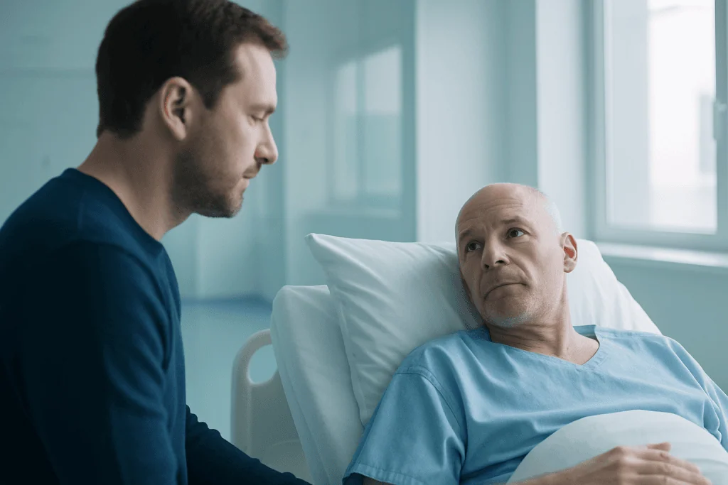 Stem Cell and Bone Marrow Transplants for Cancer 1 Compassionate doctor talking to a patient in a hospital room.