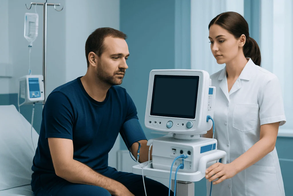 Patient undergoing blood pressure check in hospital room.