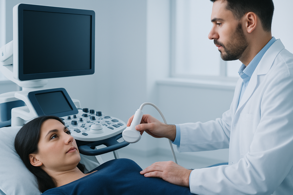 Doctor performing an ultrasound examination on a female patient in a hospital room.