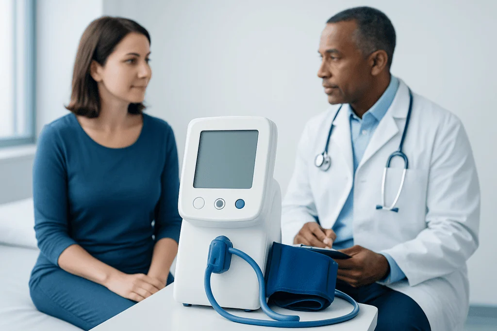 Doctor and patient during health assessment with medical device at Acibadem Hospital.