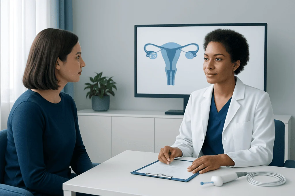 Fertility specialist consulting a patient about reproductive health.
