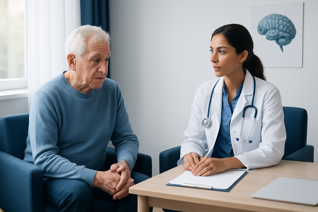 Doctor consulting with elderly patient in a medical office.