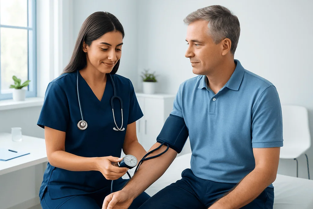 Doctor measuring patient's blood pressure in a clinical setting.