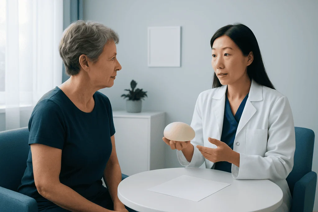 Doctor explaining breast reconstruction options to a patient in consultation.